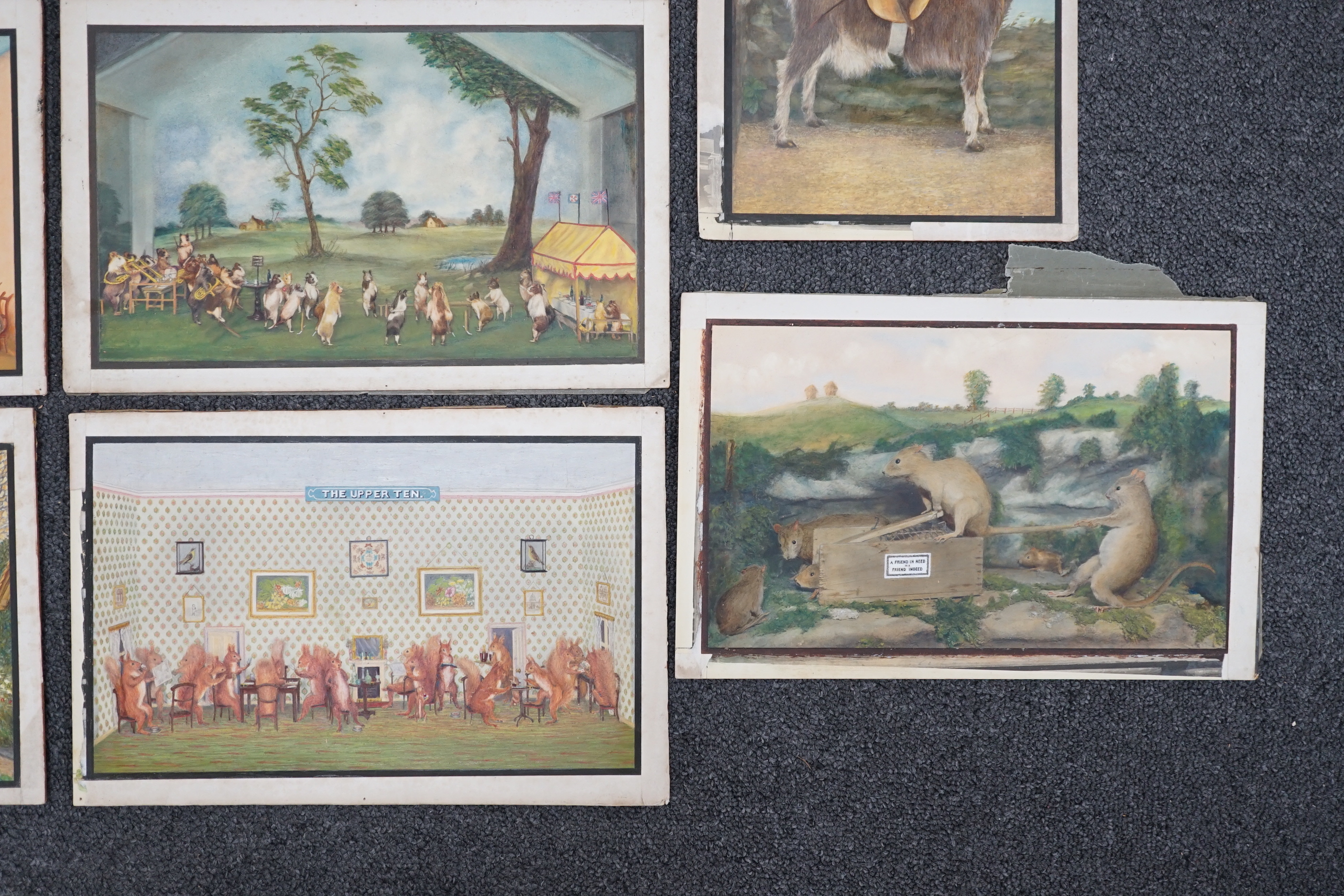 1930's English School, a set of 11 watercolours, Potter's Museum of Taxidermy, Bramber, Sussex, produced as designs for postcards, unsigned, 18 x 27cm, unframed
